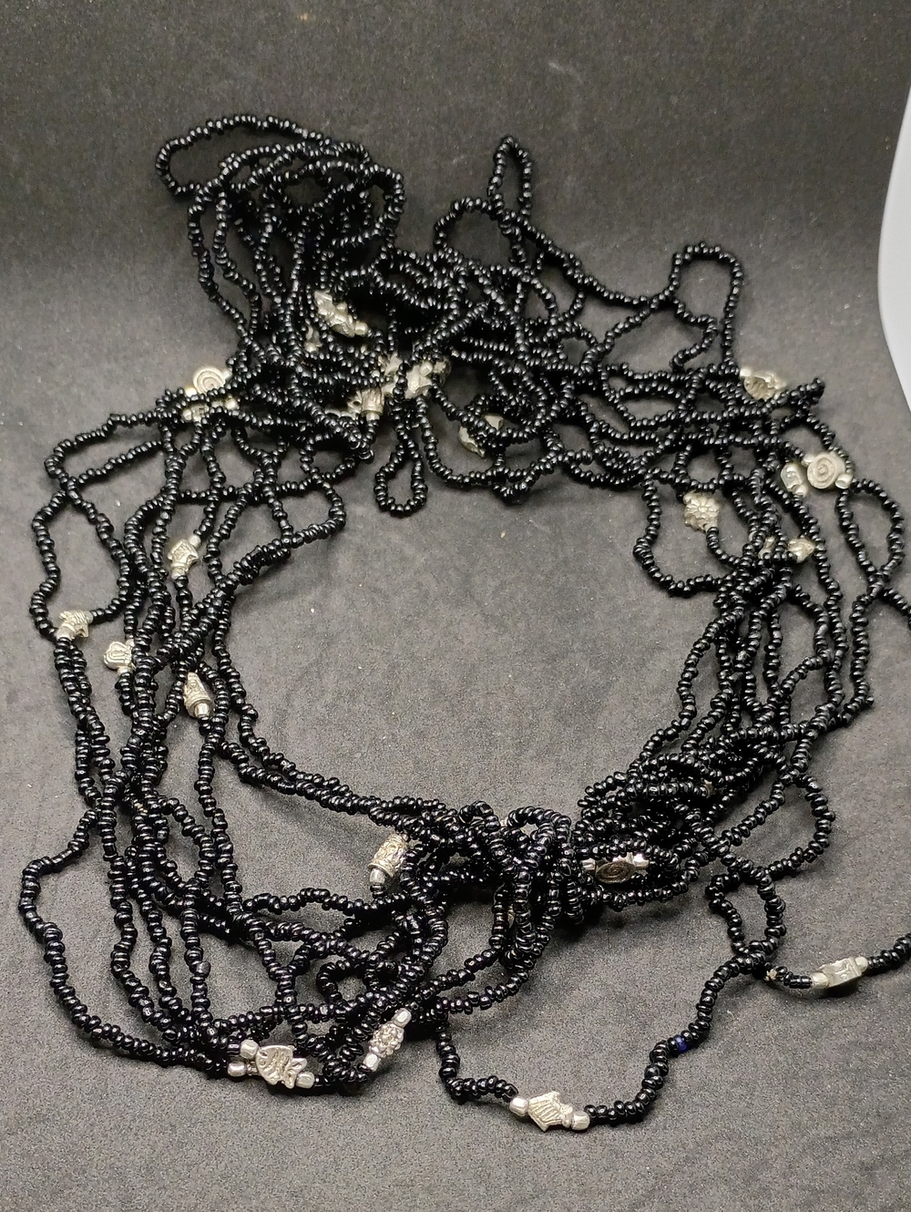 Multi-Strand Black Beaded Necklace with Silver Accents